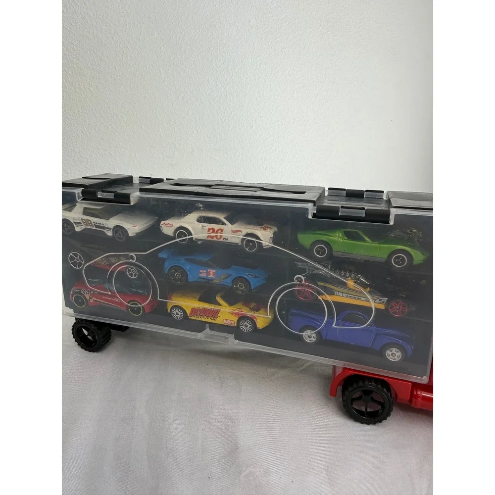 Toy Car Carrier Truck with 18 Diecast Cars Red Transport Semi Storage Case